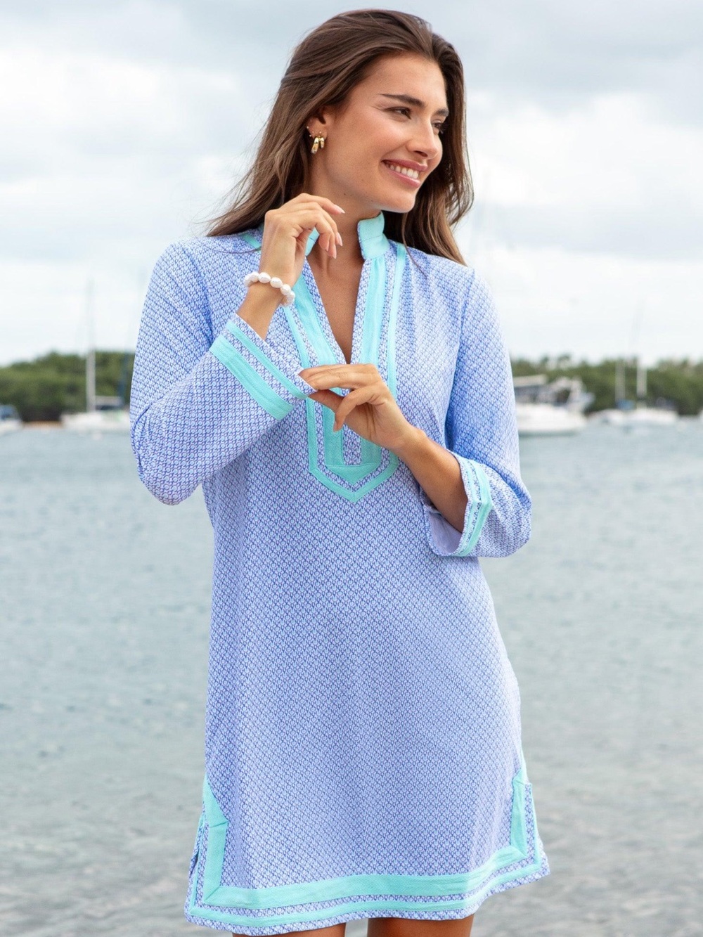 Cabana Life Lake Como Tunic Dress Blue Mint Geometric Print Size M